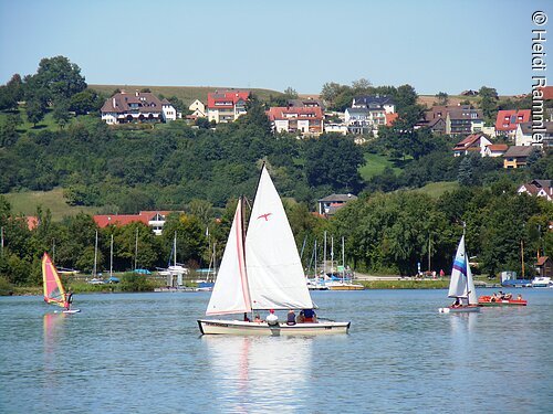 Segeltrip Ein weißes Segelschiff auf einem See. Daneben Windsurfer. Im Hintergund am Ufer Bäume. Etwas weiter hinten Wohnhäuser.