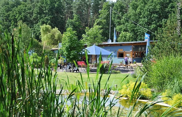 Blick durch grüne Gräser auf einen Weiher. Auf einer grünen Wiese steht eine kleine Hütte mit Holzverkleidung und blauem Anstrich.