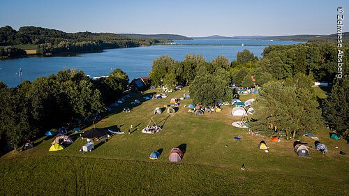 Luftansicht der grünen Zeltwiese in Absberg umegben von Bäumen. Auf der Wiese stehen viele einzelne bunte Zelte. Dahinter beginnt der blau schimmernde Brombachsee.